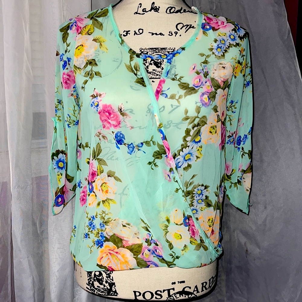 Floral Print Blouse with Draped front 3/4 sleeves